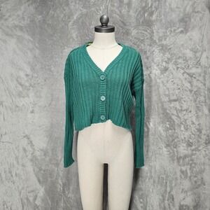 American Eagle Womens XS Dark Green Ribbed Cropped Cardigan Sweater Preppy Layer